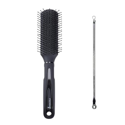 Midazzle 2-Piece Beauty Tool Set – Dual-Ended Blackhead Remover Extractor Tool & Flat Black/Silver Hair Brush