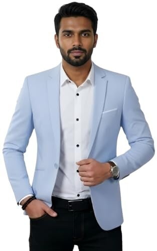 Click to enlarge Men's Light Blue Slim Fit Blazer, Single Button Notch Lapel Formal Blazer