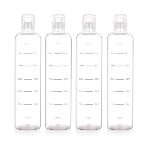 ATTRO Crystal 600ml Plastic Water Bottle BPA Free Leakproof, Fridge Safe with Time Marker to Track Hydration, Encourages Water Intake Set of 4- Transperent Clear