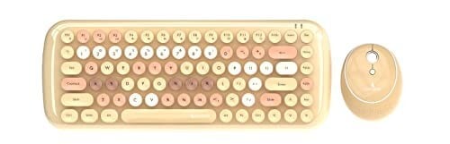 Coconut Bling Typewriter Inspired 2.4GHz Retro Wireless Keyboard and Mouse Set with USB Support, Round 84 Keycaps for PC & Laptop (Milk Tea)
