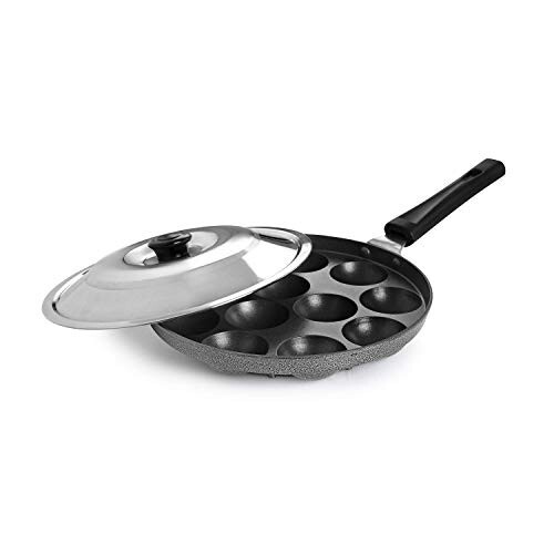 Click to enlarge CELLO Aluminium Nonstick 12 Cavity Appam Patra Pan Maker with Steel Lid, Black | Single Bakelite Handle, Gas Stove Compatible Mini Die-Cast Uttappa Paniyarakkal Cup Cake Frying Pan Kadhai for Kitchen