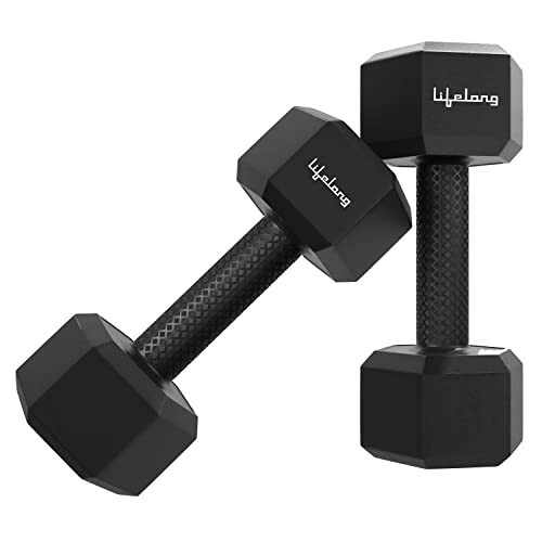 Click to enlarge Lifelong PVC Hex Dumbbells Pack of 2 (3kg*2) for Home Gym Equipment Fitness Barbell |Dumbbells Weights for Men & Women (6 Months Warranty, Black, LLPVCD03)