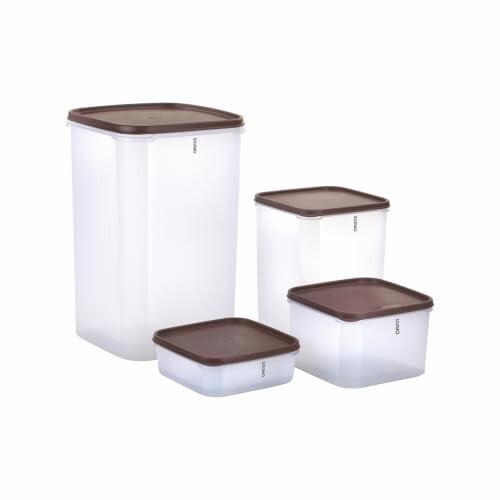 Amazon Brand - Solimo Airtight Plastic Square Storage Containers Food Grade Set of 4(1.5L,2.7L,5.5L& 15.5L)