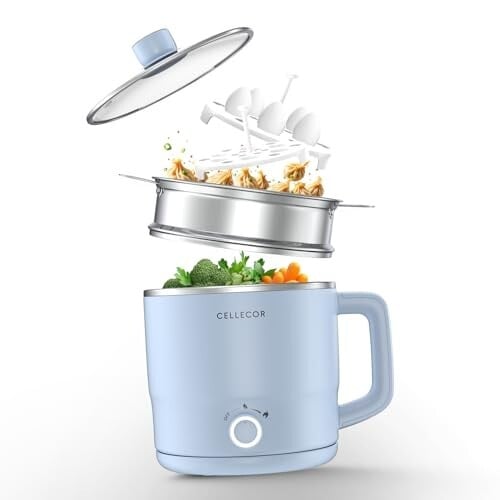 Cellecor Stainless Steel Multi-Cook Kettle CMK18 Home Chef With Steamer, Egg Tray, Rust Free Body, 600W Powerful Output, Multi Cook Electric Kettle (1.8 L, Light Blue)