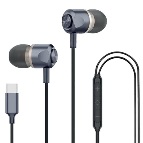 Kratos Tune V7 C Type Earphones Wired, Deep Bass Drivers Earphone, Inline Control Type c Headphones with Mic, Comfort Fit Type c Earphone with Volume Control,Metallic C pin Earphones (Grey)