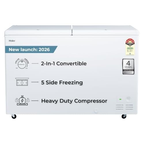 Haier HFC-500DPW5, 5 Star (2026 Star Rating) Double Door Convertible Deep Freezer, 5 Side Freezing, Dual Condenser, Inside Metal Liner with 70mm Puff Thickness (White 439L)