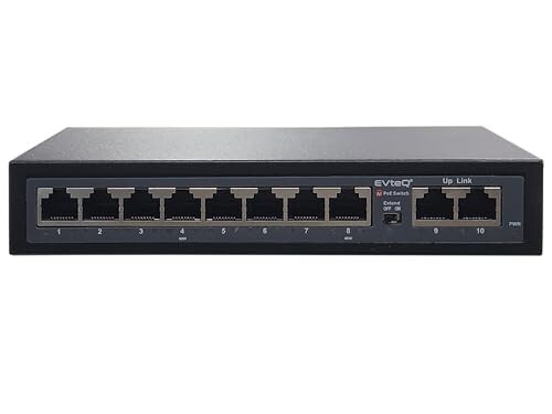 EVteQ 10 Ports Fast Ethernet with 8 PoE Ports (10/100 Mbps) & 2 Uplink Ports (10/100Base) POE Switch | Max. 30W Output of Single PoE Port EV-08F-2U