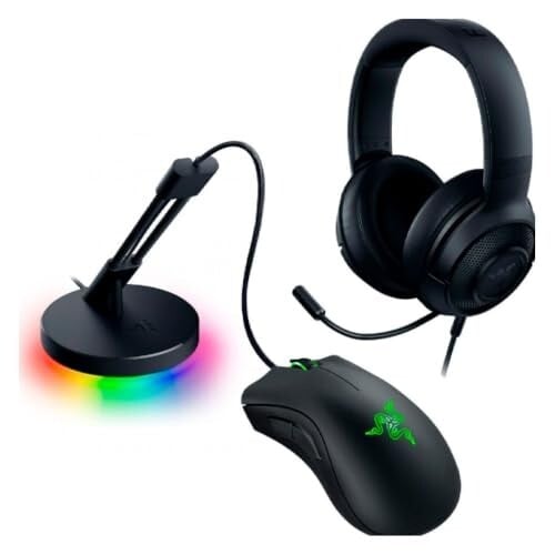Click to enlarge Razer Game On Bundle Gaming Combo with DeathAdder Essential Wired Mouse, Kraken X Lite Lightweight Gaming Headset, Mouse Bungee V3 Chroma, 6400 DPI Optical Sensor, 40mm Drivers, Black - NASA Packaging