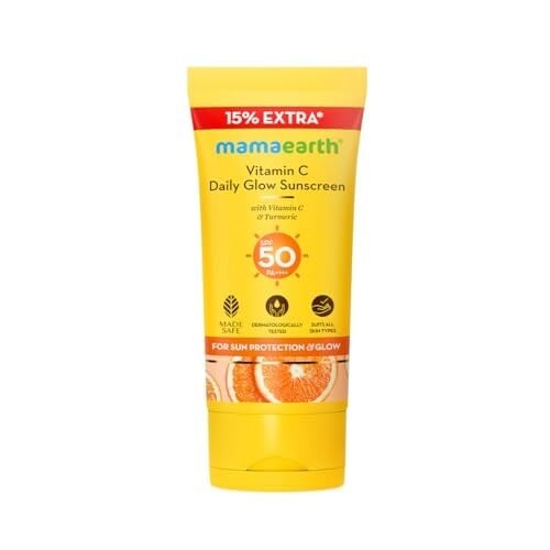 Click to enlarge Mamaearth Vitamin C Daily Glow Sunscreen with Vitamin C & Turmeric | For Sun Protection, Tan Protection & Glow | SPF 50 & PA++++ Protection | No White Cast | Lightweight & Non-Sticky