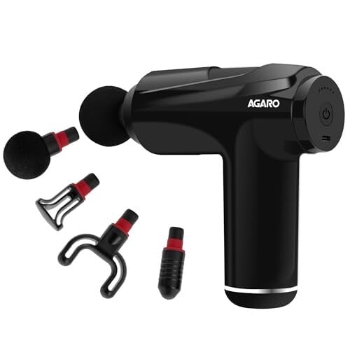 AGARO Primo Gun Massager, 4 Heads, 6 Speed, Rechargeable, Handheld, Deep Tissue Muscle Massager, Black.