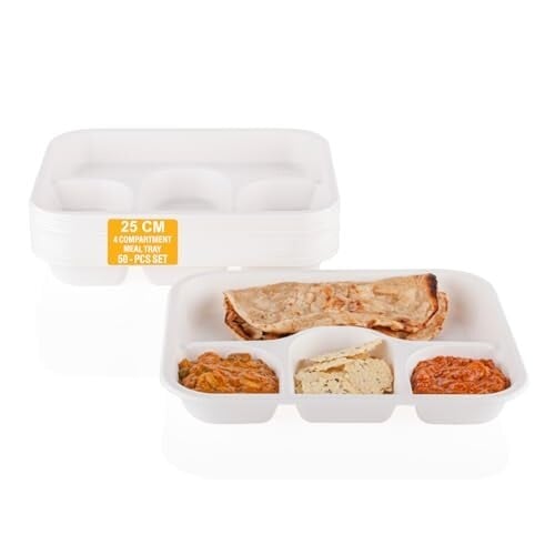 Clazkit 50 Pack, 4-Compartment Disposable Meal Tray