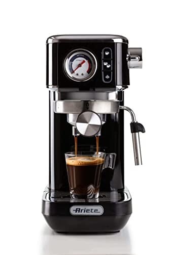 Click to enlarge Ariete 1381/12 Coffee machine with pressure gauge, compatible with ground coffee and ESE pods, 1300 W, 1.1 L capacity, 15 bar pressure, ½ cup filter, Cappuccino device, Black