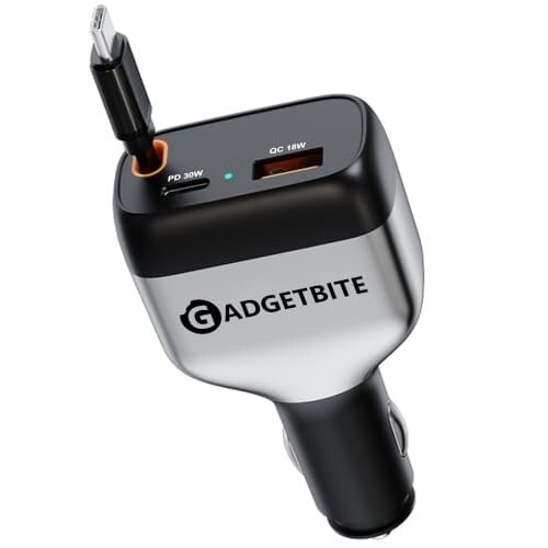 GadgetBite EON 84W Fast Car Charger with Dual Type-C PD 30W & 33W, USB-A 18W Output, Multi-Port Charger with Built-in Cable 0.85m, Universal Compatibility for Smartphones, Tablets & iOS (Grey)