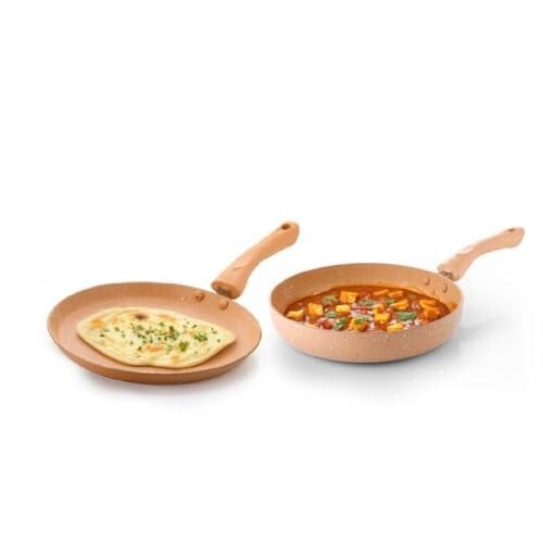 Crystal Marbo Plus Induction Bottom 2 Pc Nonstick cookware Set | Tawa 250 mm + Fry Pan 250 mm | Thickness: 3mm | 5 Layer Coating | Metal Spoon Friendly | Colour- Sandalwood