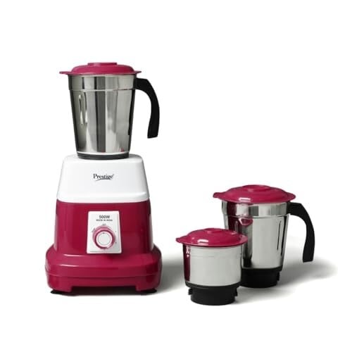 Prestige Orion 500 Watts Mixer Grinder with 3 Stainless Steel Jars |3 Super Efficient Stainless Blades |Sturdy Handles|Red & White