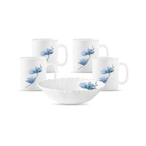 La Opala Diva Classique Collection Opal Glass Crockery | Gift Set of 5 | Coffee Time Set 5 pcs Floral Mist | Bowls & Coffee Mugs | Microwave Safe | 100% Vegetarian | Extra Strong | Light & White