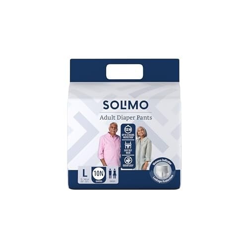Click to enlarge Amazon Brand - Solimo Adult Diapers Pant Style | Large Size | 10 Count | Waist 30-55 Inch (75-140 cm) | Unisex | Fast Absorption | Leak Proof