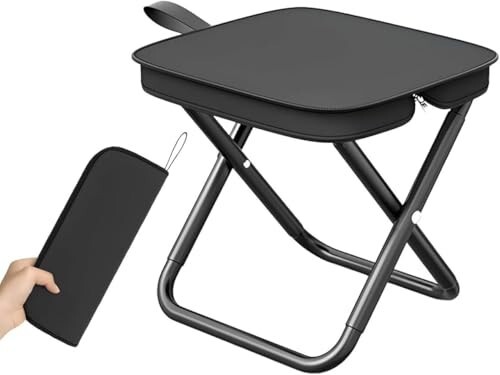 Folding Stool Portable Mini Outdoor Seat with Carry Bag - Lightweight Foldable Metal Frame Stool with Fabric Top, Compact Travel Chair for Camping (Black)