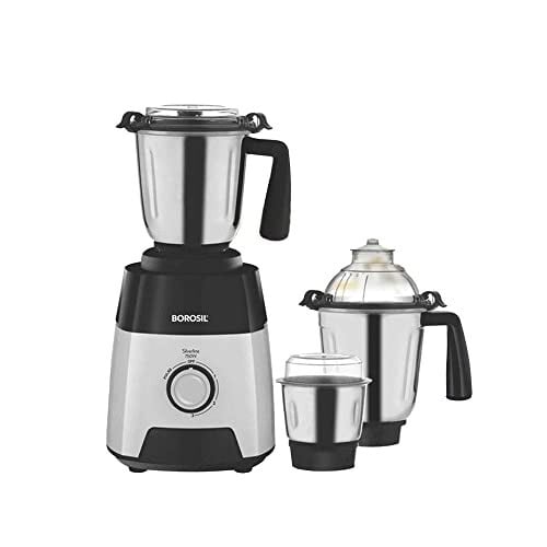 Borosil Silverline Mixer Grinder, for Wet/Dry Mixing & Grinding, 750 Watts, 3 Stainless Steel Jars (400 ml Chutney Jar, 1.5 L Blending Jar, 1.2 L Dry/Wet Grinding Jar), Mixie for Kitchen