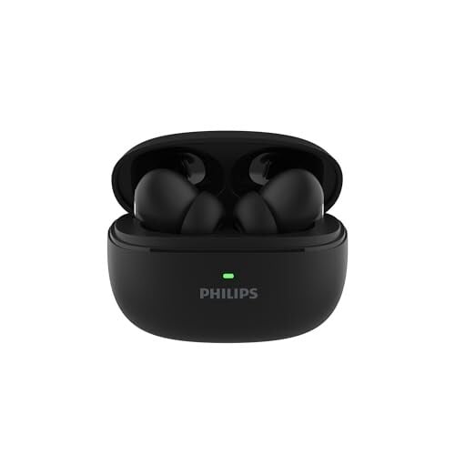 Click to enlarge PHILIPS TAT1150BK/94 Premium Wireless Earbuds with ANC, Quad Mic ENC,IPX5 Water Resistance,Fast Charging (Deep Black)