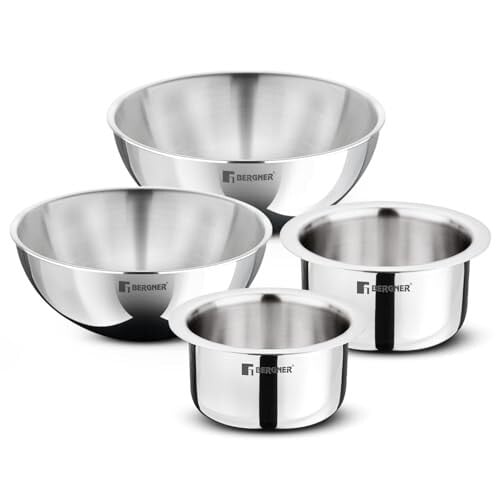 Bergner TriPro Tri-Ply Stainless Steel 4 Pcs Cookware Combo Set of 14cm (1.3L) 16cm (1.9L) Topes and 20cm (2L) 22cm (2.5L) Tasras Less Oil Use Healthy Cooking - Induction and Gas Stove Ready