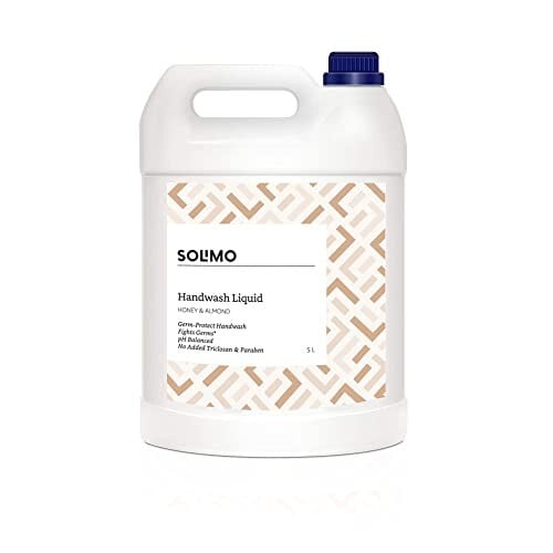 Amazon Brand - Solimo Liquid Handwash, Refill Can | Honey & Almond | 5 Litre | Fights Germs | Ph-Balanced Formula | No Added Triclosan & Parabens