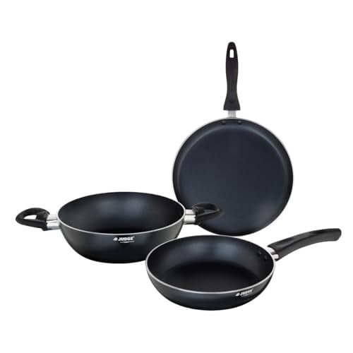 Judge by Prestige Ace 3-Piece Non-Stick Cookware Set – Kadai with Lid (20 cm), Fry Pan (20 cm) & Omni Tawa (25 cm) | Induction & Gas Compatible | black