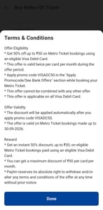 Paytm: Get 50% off upto 50 rs on Metro ticket booking using VISA DC & CC