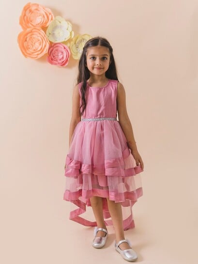 Pspeaches Girls' Fit & Flare Net Dress | Elegant Partywear & Festive Outfit