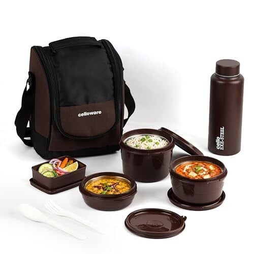 CELLO MF All In One Lunch Box with Bag for Office Use, Brown | 225ml, 375ml, 550ml Microwave Safe Containers, 175ml Salad Box, 900ml Bottle with Fork & Spoon, Airtight Leak Proof Tiffin Box....