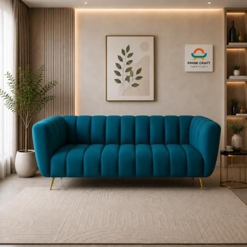 Kiki Modern 3-Seater Velvet Sofa (Blue) – Channel-Tufted Upholstered Couch with Metal Legs for Living Room, Office & Home Décor