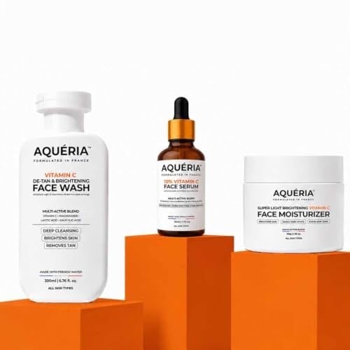 Aqueria Vitamin C Brightening Skincare Combo | De-Tan Face Wash 200ml + 10% Vitamin C Serum 50ml + Moisturizer 100g
