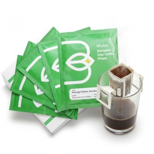 bhuba Premium Portable Pour Over Drip Coffee Filters 60g | 100% Arabica Speciality Coffee Beans | Medium Roast | Tasting Notes - Lemon, Cherry and Chocolate (Pack of 5, 12g Each)