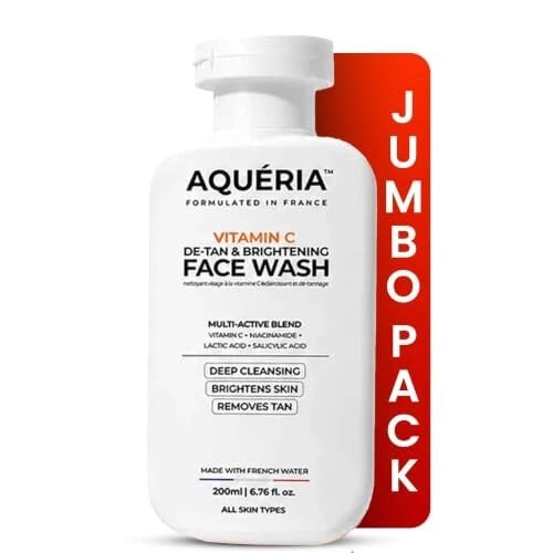 Aqueria Jumbo 200ml Face Wash For De-Tan & Brightening Vitamin C | With Lactic Acid & Niacinamide | Deep Cleansing Face Cleanser for Tan Removal, Pigmentation, Dark Spots, Dull & Uneven Skin Tone