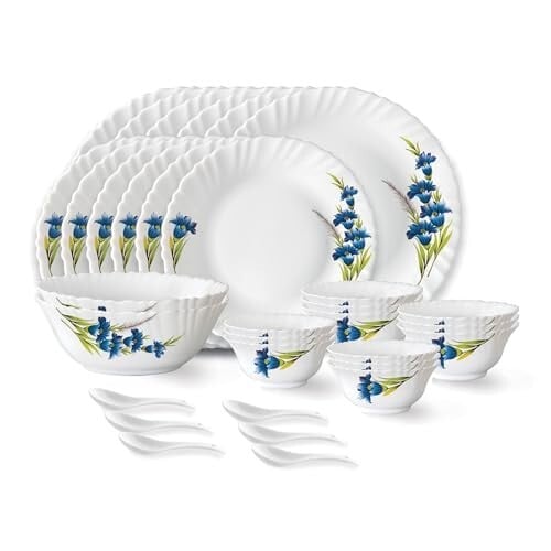 Larah by Borosil Nina Fluted Series Opalware Dinner Set | 33 Pieces for Family of 6 | White