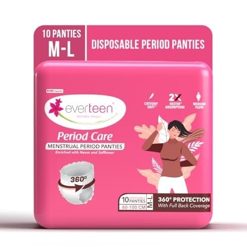 everteen Period Care M-L Disposable Period Panties For Women, Cottony Soft, Menstrual Sanitary Pads Panty Enriched with Goodness of Neem and Safflower – 1 Pack (10 Panties) 2x Faster Absorption, 360° Protection