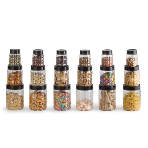 Click to enlarge CELLO Checkers Kitchen Storage Container Box Set of 18 Pcs Grey (6x300ml, 6x650ml, 6x1200ml) | Transparent Unbreakable Fridge Safe Stackable Airtight Storage Canister Set For Spices Dry Fruits Grains