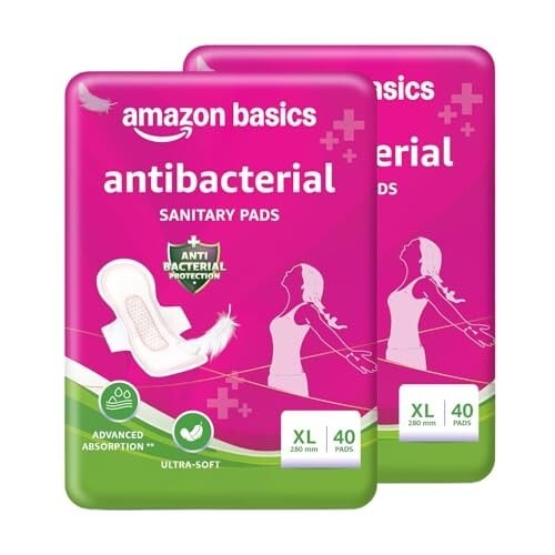 Click to enlarge Amazon Basics Anti-Bacterial Sanitary Pads for Women XL | 280 mm Extra Coverage | Ultra-Absorbent Core | Soft & Comfortable Surface | Wings for Secure Fit | Medium to Heavy Flow Protection| 80 Count (40 X Pack of 2)