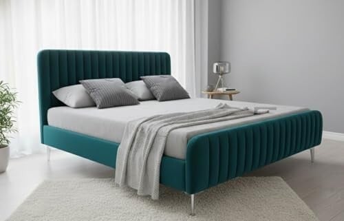 APRODZ Fluted Velvet King Size Bed, Green, 82x76 Polished Without Storage, Solid Wood, Upholstered Cushion Headboard, Modern Premium Fabric Upholstery