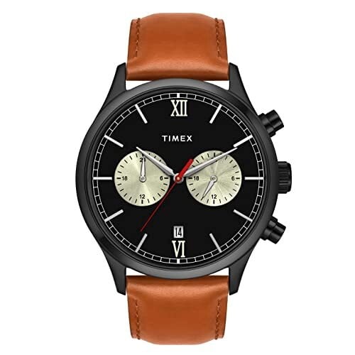 TIMEX Analog Watch for man with Black Round Dial & Tan Leather Strap Band Water Resistant Men's Wrist Watches - TWEG19808