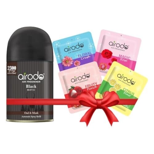 Premium Airodo Automatic Air Freshener Automizer Refill (Oud & Musk 235ml) + Pocket Gel Mix - 40g (Assorted pack of 4 new fragrances)| For Home & Office | Long Lasting Fragrance | Enhanced Formula