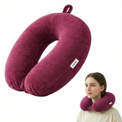 CRAE Travel Neck Pillow for Men & Women | Soft Fibre Cushion for Flight, Car & Train | Soft Velvet Fabric with Attachable Snap Strap | Cervical Support for Neck Pain Relief.Pack of 1(Candy Pink)