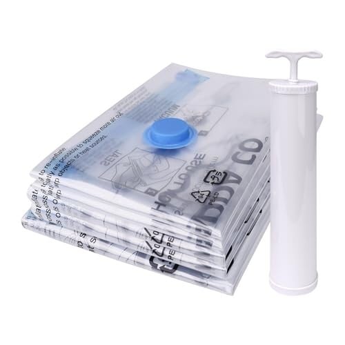 GADDA CO Vacuum Storage Bags with Pump Pack of 5 (2 Small, 2 Medium, 1 Large) | Airtight Compression Bags with Double Zip Lock |Reusable Space Saver Bags for Clothes, Blankets & Travel | 4X More Space