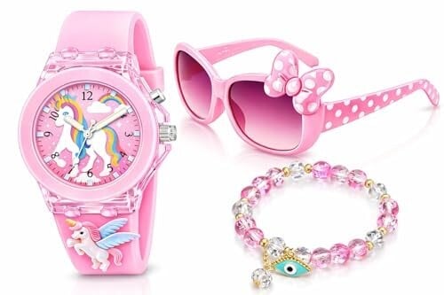 Cute, Fashionable & Practical! Unicorn Watch + Pink Sunglasses + Crystal Bracelet Combo