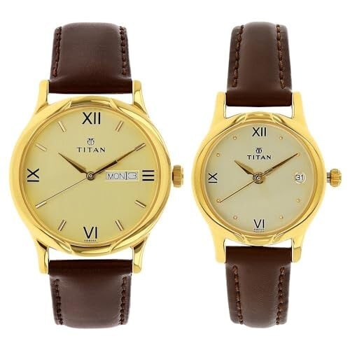 Titan Bandhan Quartz Analog With Day & Date Champagne Dial Brown Leather Strap Couple Watch - NT15802490YL05