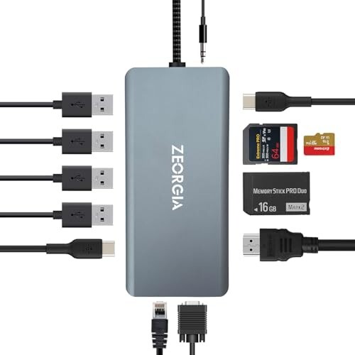 ZEORGIA USB C Hub with 4K@30Hz HDMI, 100W Power Delivery, 10Gbps USB-C, VGA, RJ45, Audio, SD/TF for USB-C Phones, Tablets, and Laptops