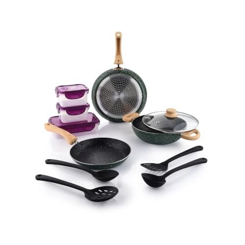 Crystal Aluminum 11 Pcs Non Stick Cookware Set with Induction Bottom | Tawa, Fry Pan, Kadhai with Lid, 4 Serving Spoons, 3 Containers | 4 Layer Non Stick Coating | PFOA Free | Green