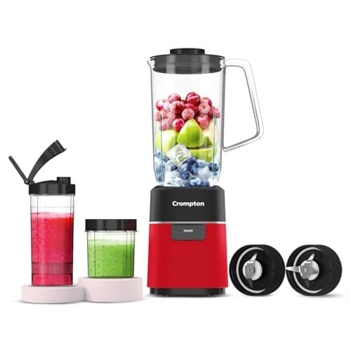 Crompton Ameo Fresh | Premium Nutri Blender | Ice Crushing Smoothie Maker | Mixer Grinder | 400W Motor | 3 Food Grade Jars | 1L Blender Jar | SS 304 Blades | 2 Years Warranty | Black & Red C...