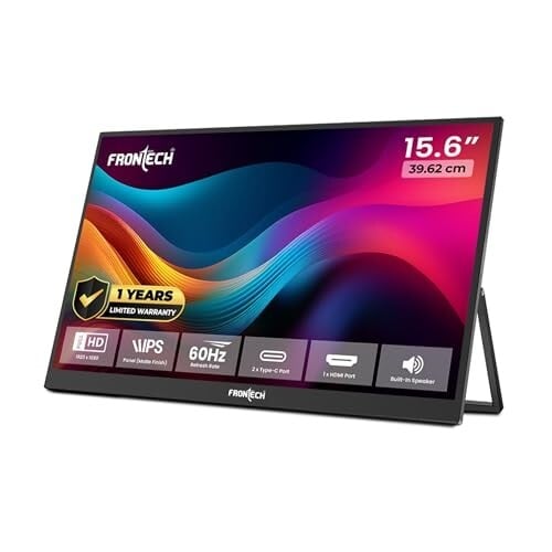 FRONTECH 15.6-inch (39.62 cm), Portable LED, FHD IPS 1920x1080, 60Hz, Black, 180° Stand, Dual Type-C, Mini HD Ports, Built-in Speakers, Works with Laptop/PS5/Switch/Phone, 1 Year Warranty (MON-0023)