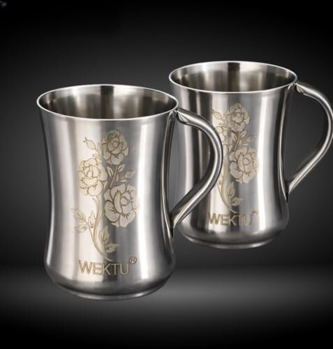 WEKTU Premium Stainless Steel Lassi Mug with Floral Engraving, Polished Mirror Finish, 9 cm x 12.5 cm, Pack of 2